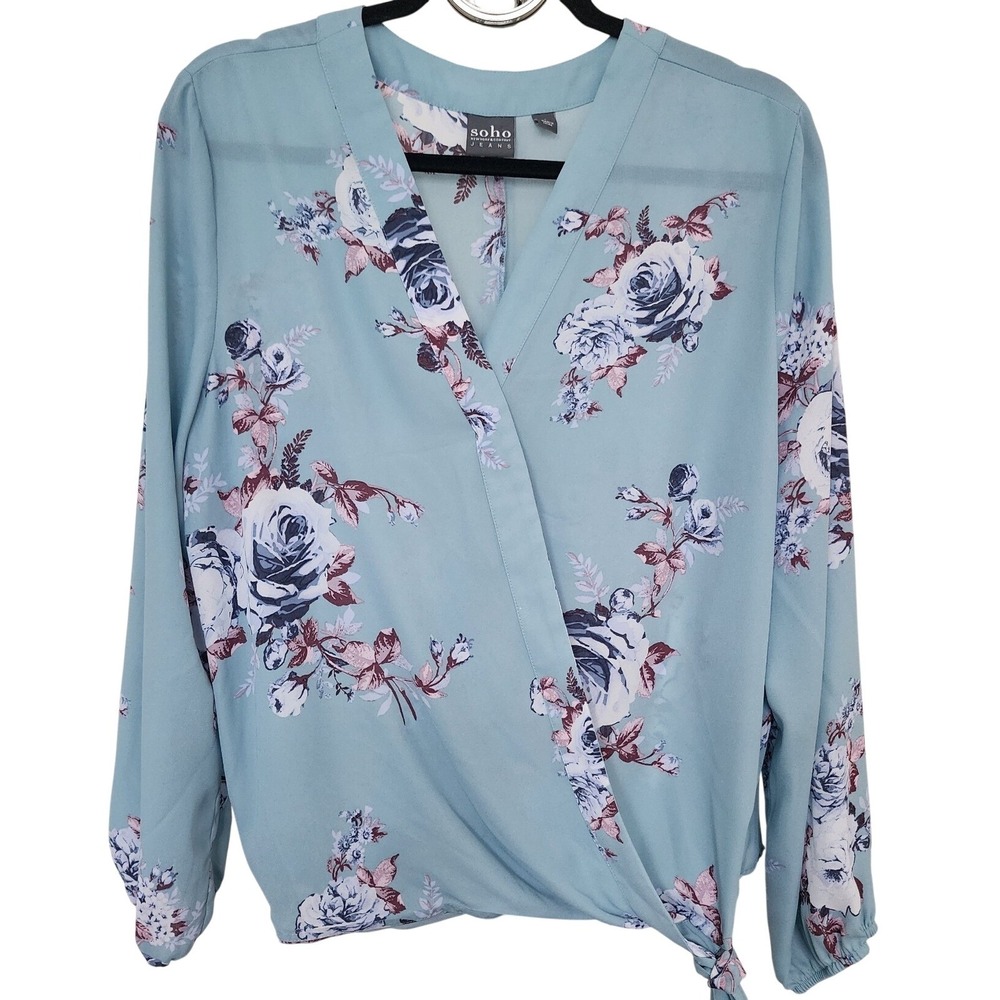 SOHO NY & Company Floral Wrap Blouse Blue Long Sleeve Tie Waist Top L Fairy Soft